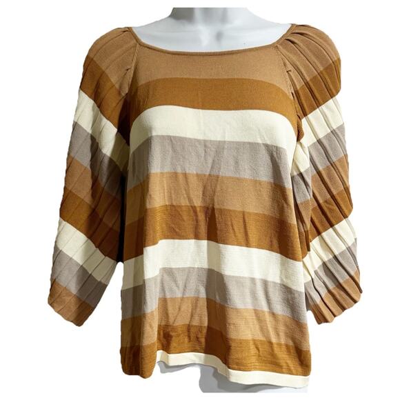 CALLIGRAPHIE Women's Sz L Pullover Statement Top Brown/White Stripe - Picture 1 of 7